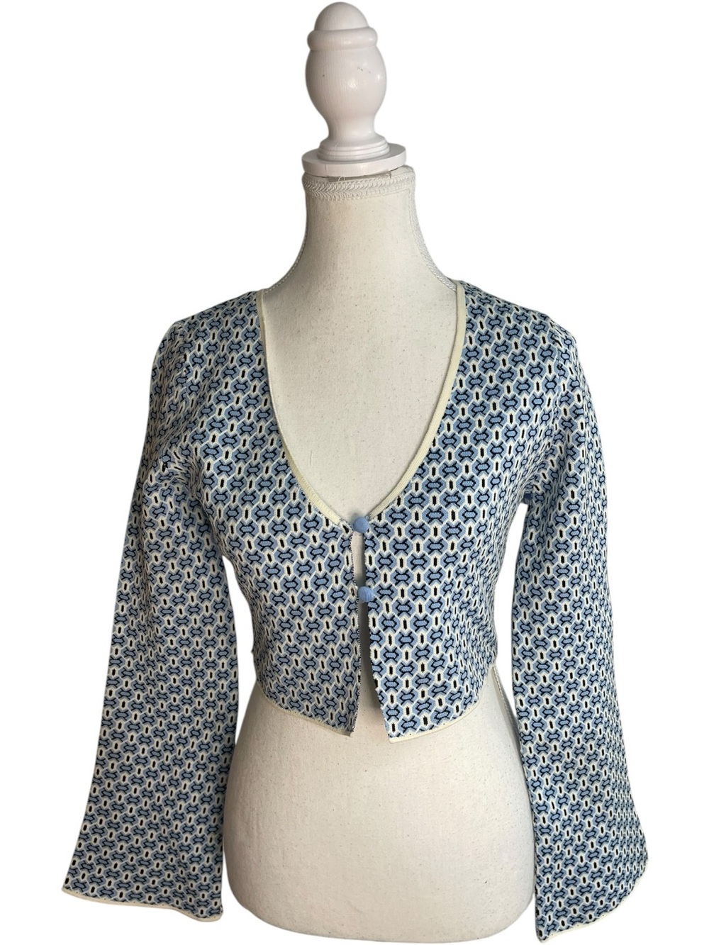 Zara Geometric Jacquard Knit Crop Top Cardigan Sweater Blue